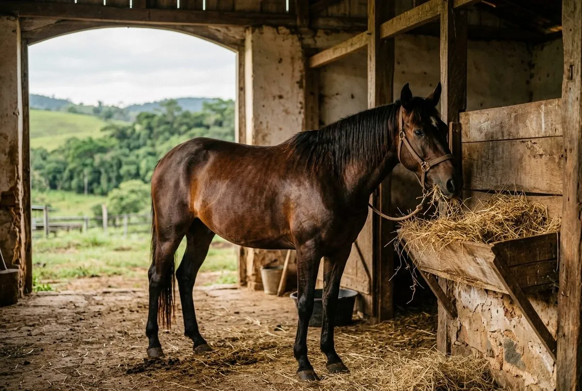 Cavalo Mangalarga Marchador se alimentando de feno em ambiente rural