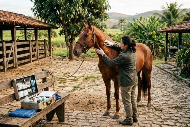 Veterinária examinando um cavalo com estetoscópio