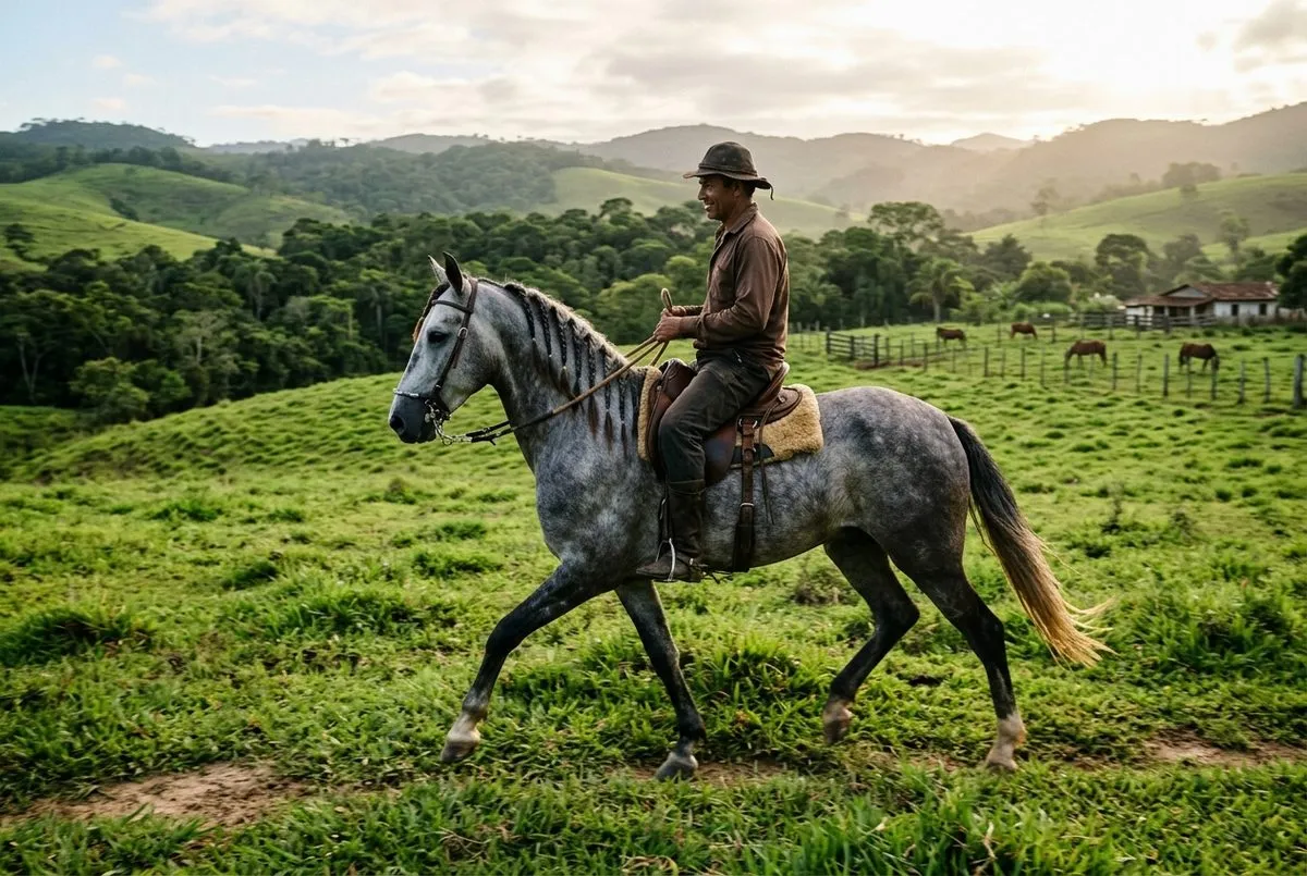 Cavalo Mangalarga Marchador em marcha no pasto do Recôncavo Baiano