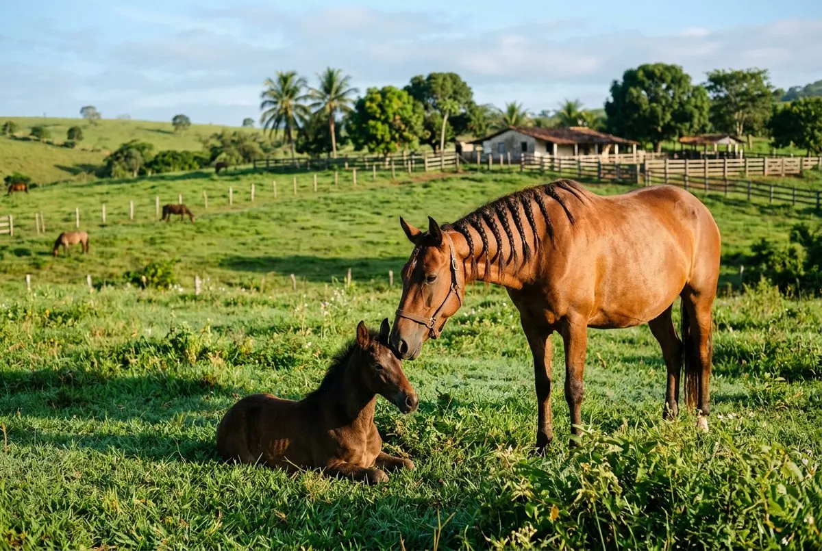 Égua Mangalarga Marchador com potro em pasto rural