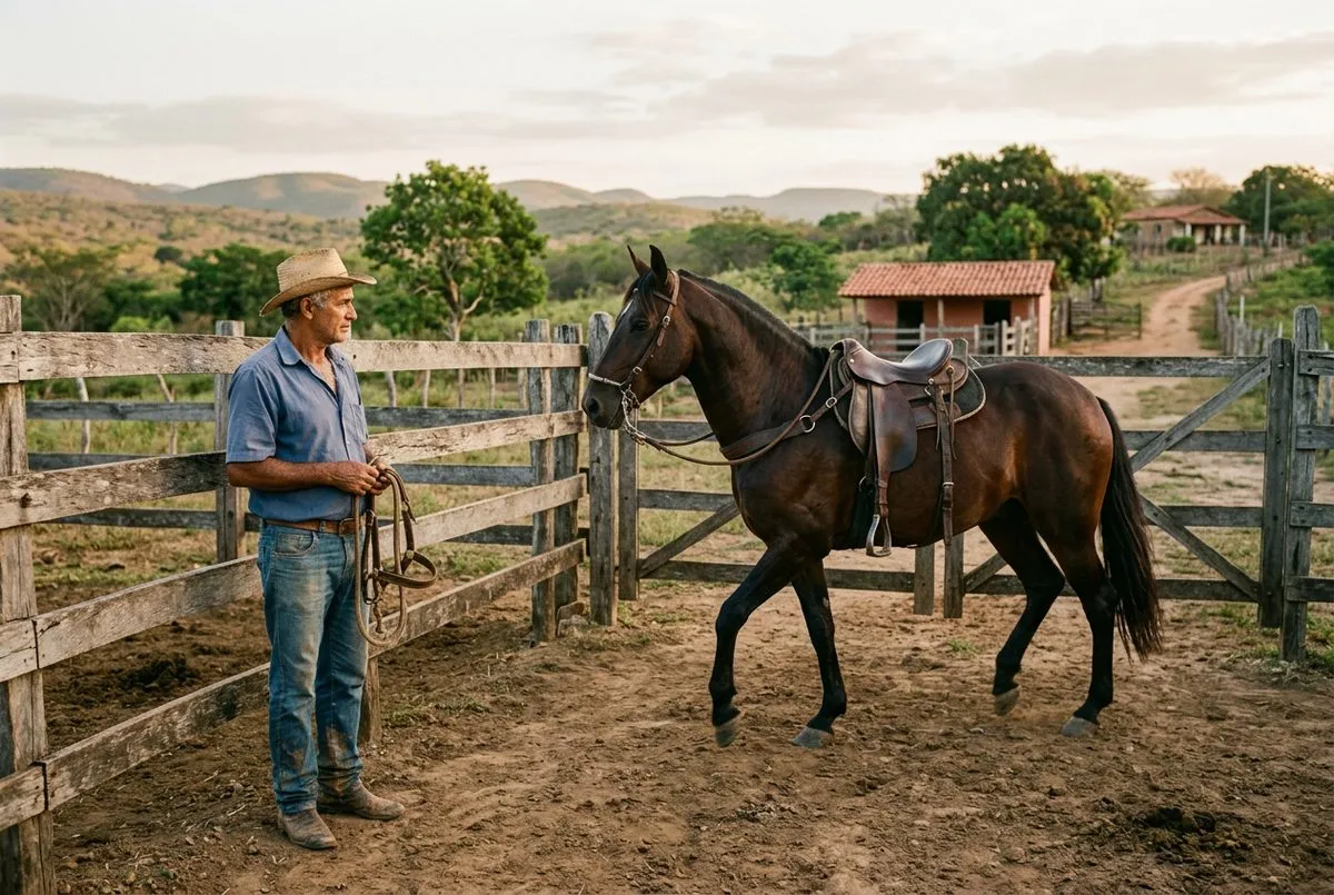 Criador observando cavalo Mangalarga Marchador em curral rural