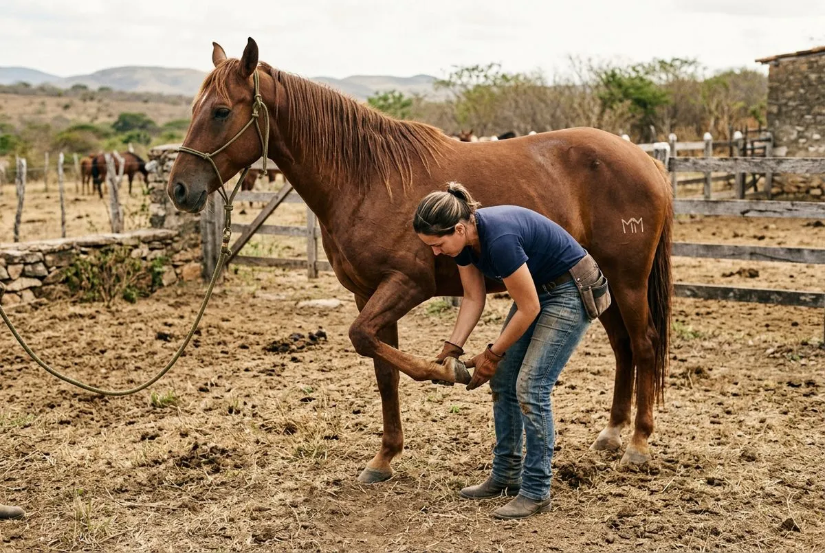 Cavalo em piquete seco com tratador observando os cascos