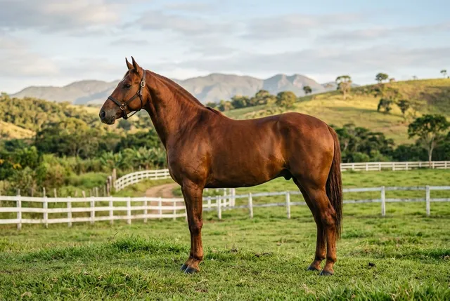 Mangalarga Marchador alazão em pose de morfologia no pasto