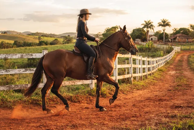 Mangalarga Marchador em marcha em estrada de terra ao entardecer