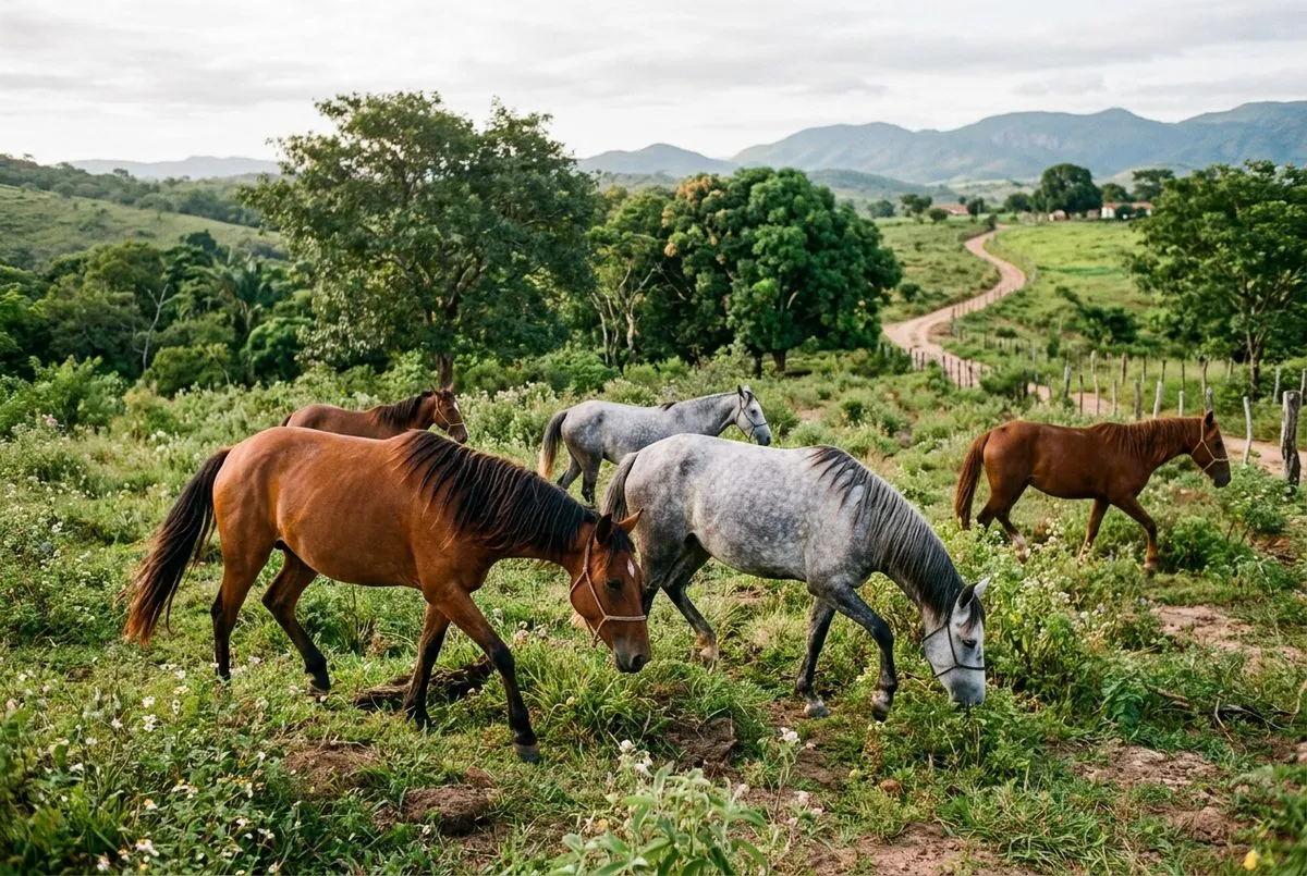 Mangalarga Marchador tordilho e castanho em pasto no Recôncavo Baiano