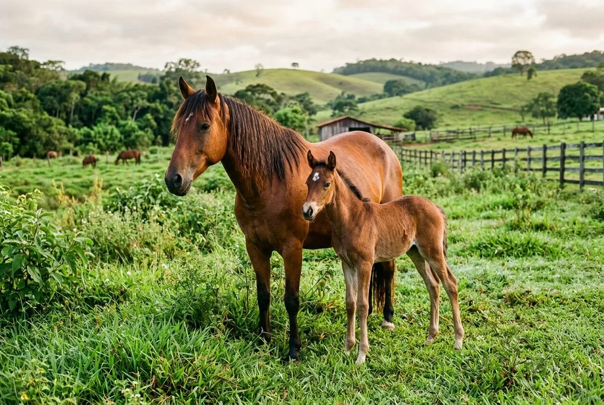 Potro Mangalarga Marchador no pasto ao lado da mãe em uma fazenda da Bahia