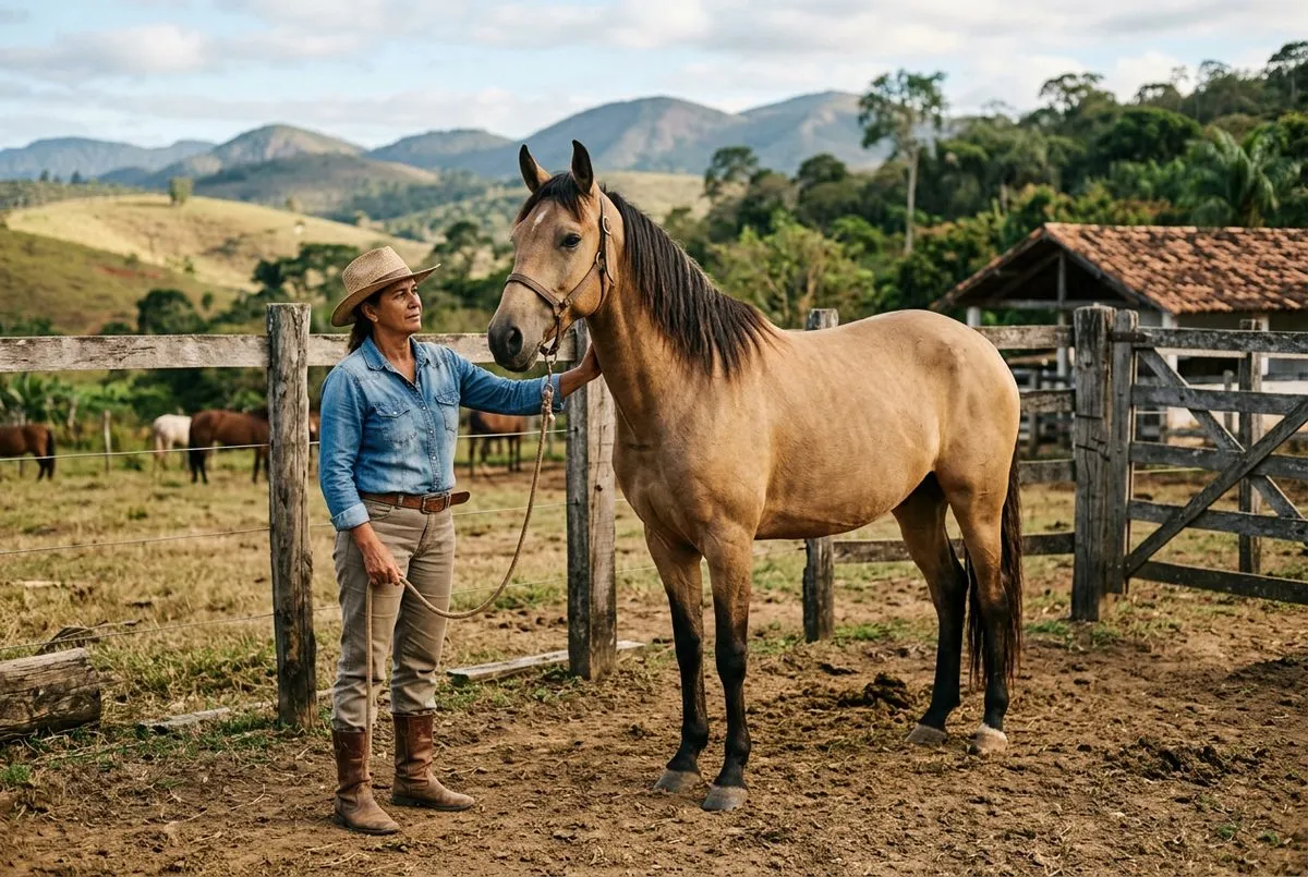 Criador avaliando um cavalo Mangalarga Marchador em curral de fazenda na Bahia