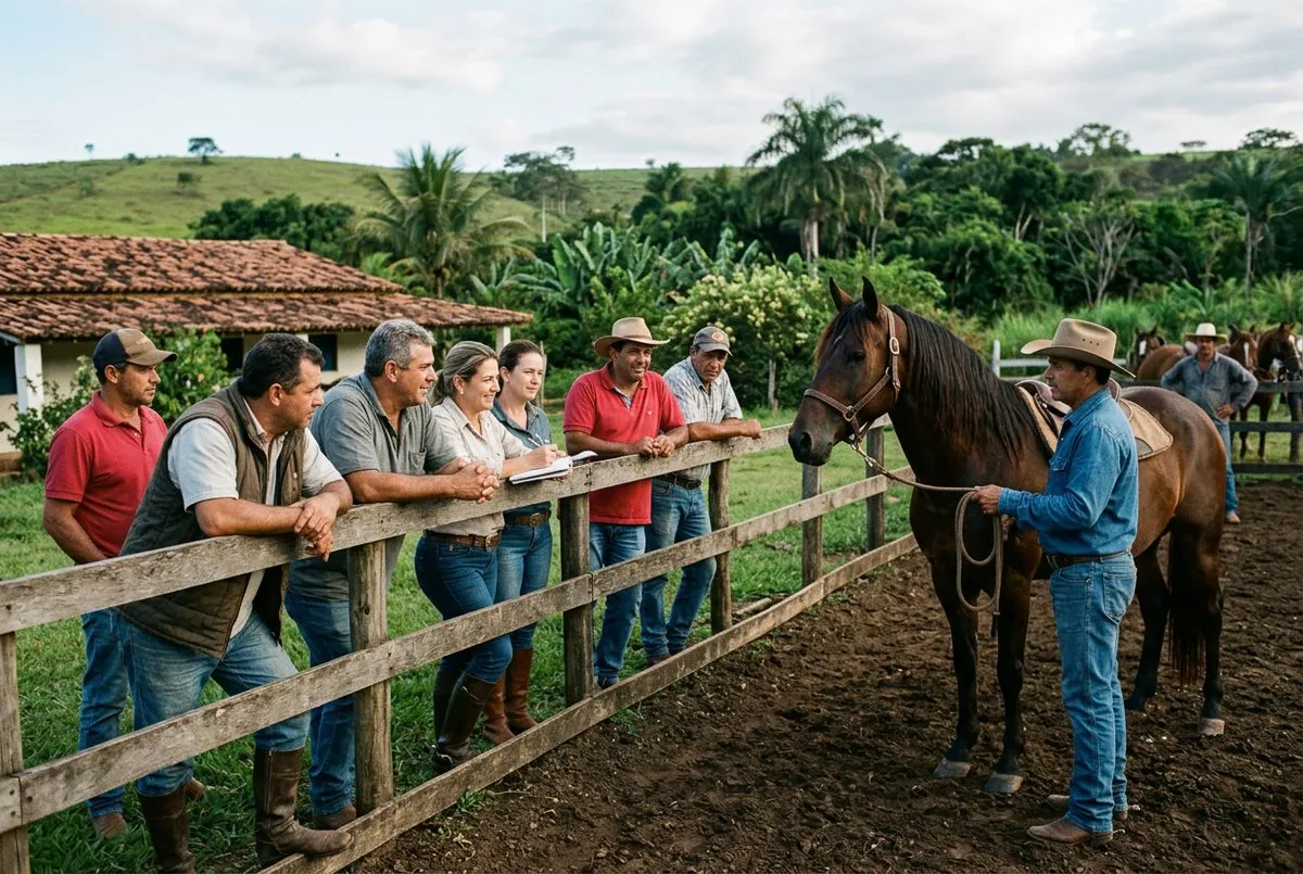 Criadores observam cavalo Mangalarga Marchador em pista de treinamento rural