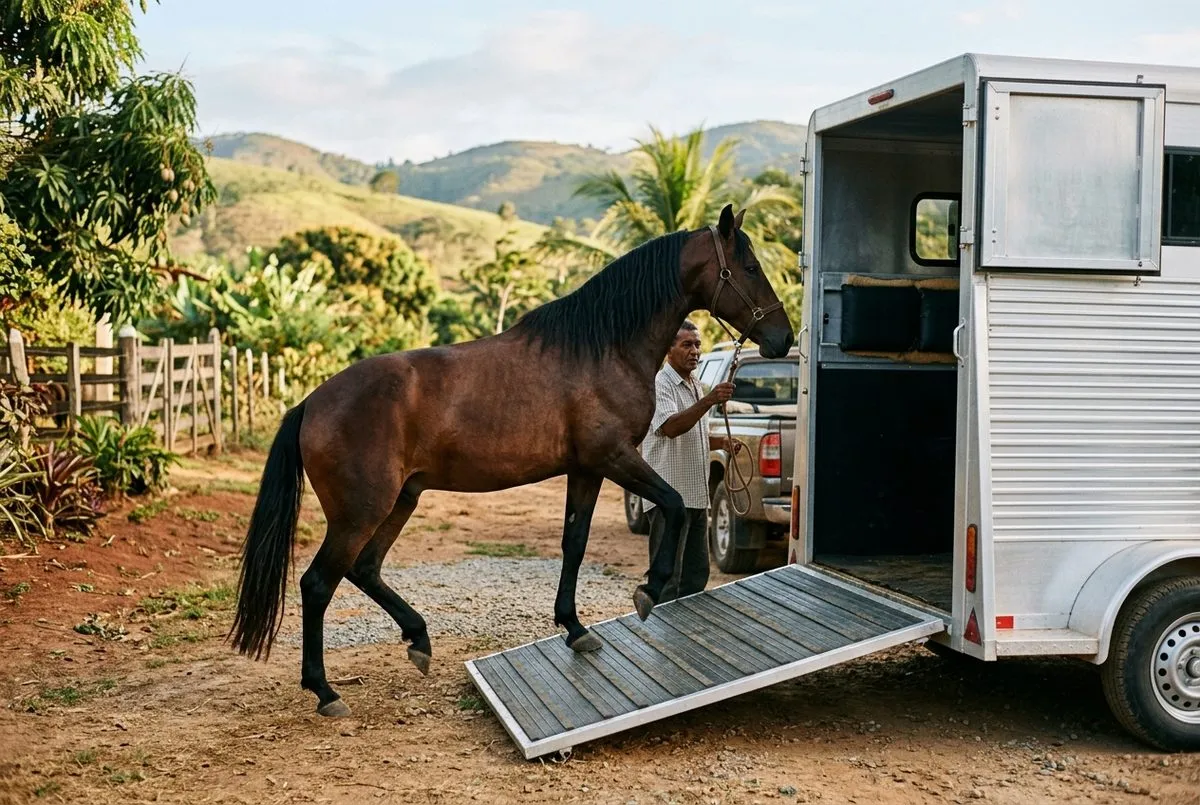 Cavalo Mangalarga Marchador sendo preparado para embarque em reboque no campo